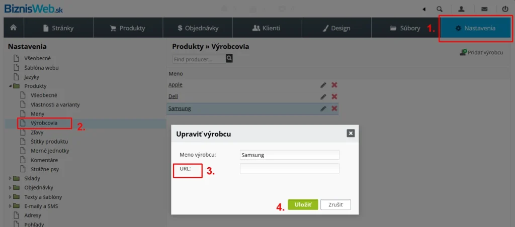 Ako nastaviť výrobcov v BiznisWeb.sk